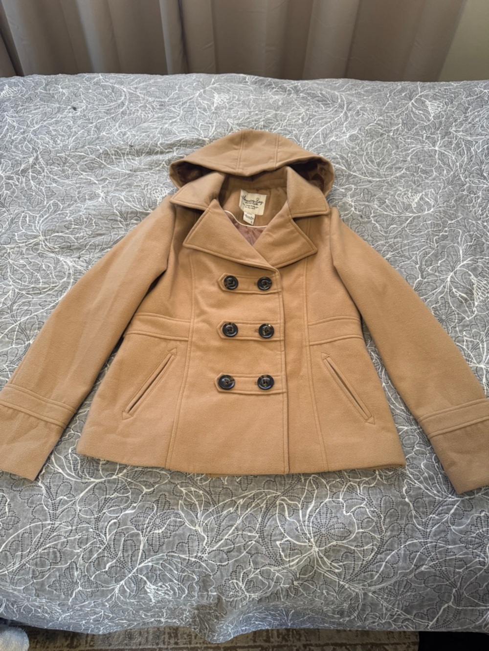 American Rag Camel Hooded Double-Breasted Pea Coat